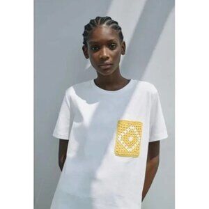 Zara White T-Shirt With Yellow Crochet Pocket Design